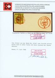 1843: 5 C. Halbe Doppelgenf, linke Hälfte auf Briefausschnitt; ...