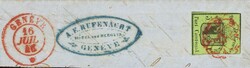 Genf 1845: 5 C. gelbgrün, Kleiner Adler, auf Briefstück übergehend ...