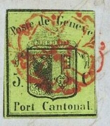 Genf 1845: 5 C. gelbgrün, Kleiner Adler, auf Briefstück übergehend ...