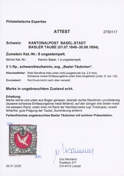 Basel 1845: 2½ Rp. Basler Taube, schwarz/blau/karmin, ungebraucht ...