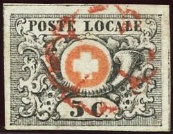 1850: 5 C. schwarz, Waadt 5, Bogenfeld 45; entwertet mit roter Genfer ...