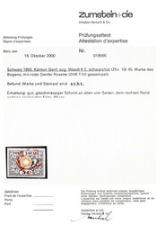 1850: 5 C. schwarz, Waadt 5, Bogenfeld 45; entwertet mit roter Genfer ...