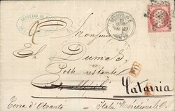1866: 80 C. rosa auf Brief von Paris nach Gallipoli (Apulien) mit ...