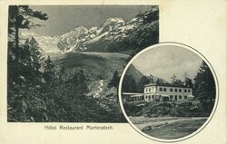 1908: sw. Karte von Hotel Restaurant Morteratsch, gestempelt ...