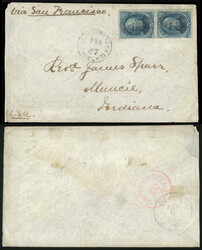 1875.02.25 (February 25) Cover to Indiana USA via San Francisco, pair ...