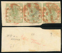 1878 Customs Large Dragon Thin Paper 1ca Strip of Three on Piece, ...