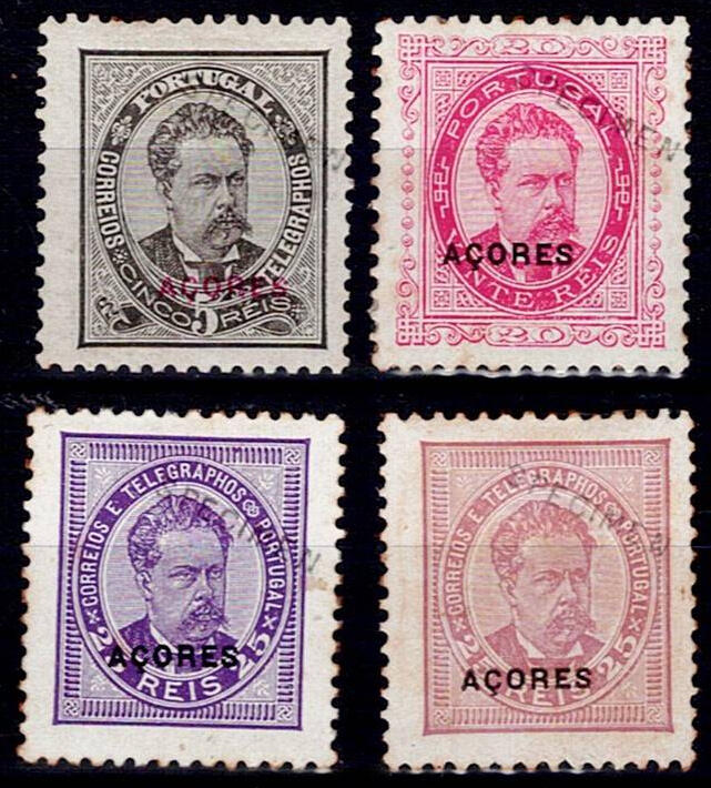 Azores 1884-87 D. Luís de frente. 4 stamps Mf#52+54+55(x2), of 5 ...