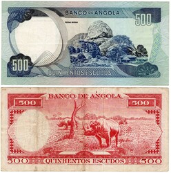 Various Notafilia Angola (Colony). Lot with 2 notes: 500 Escudos, 10 ...
