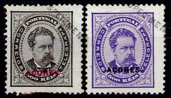 Azores 1884-87 D. Luís de frente. 2 stamps Mf#56+57, 500 reis in ...