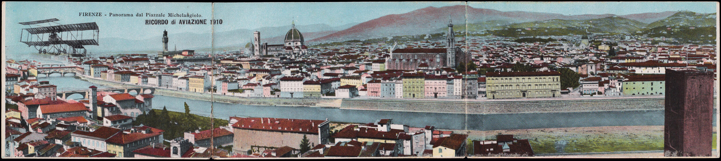 1910 FIRENZE - SPETTACOLI DI AVIAZIONE. Cartolina policroma tripla ...