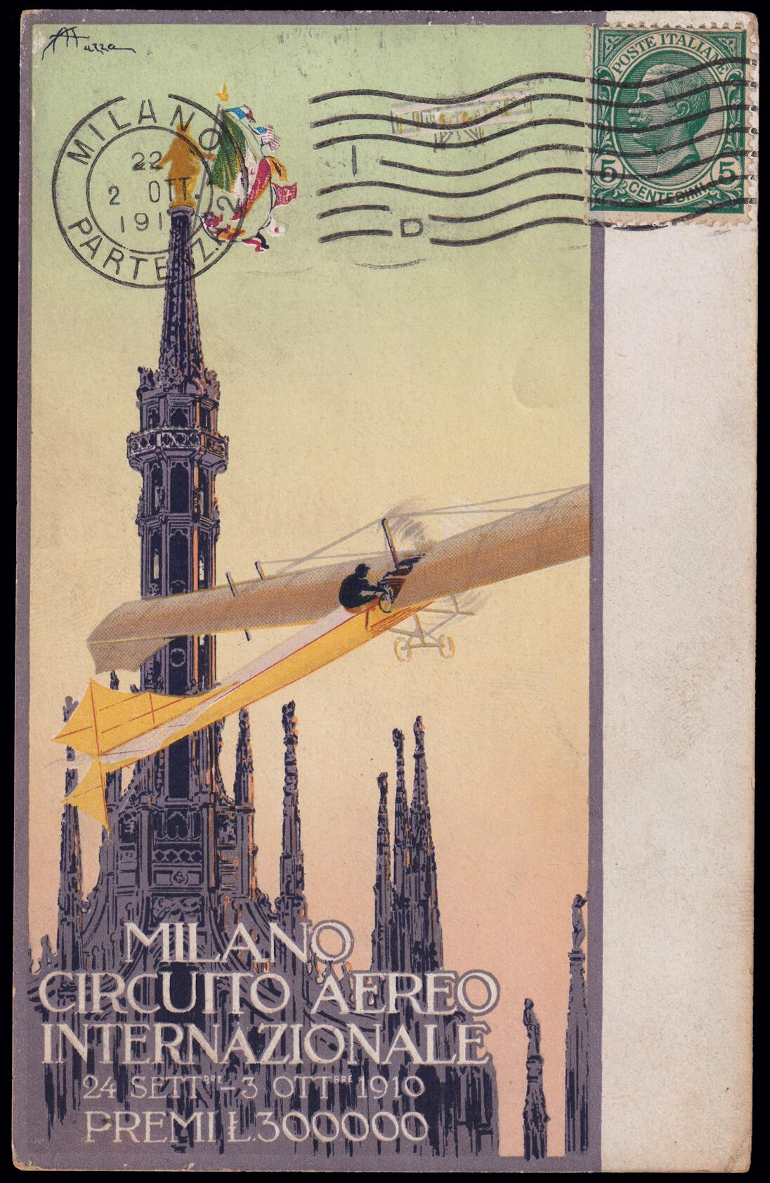 1910 MILANO / CIRCUITO AEREO INTERNAZIONALE. Cartolina policroma ...