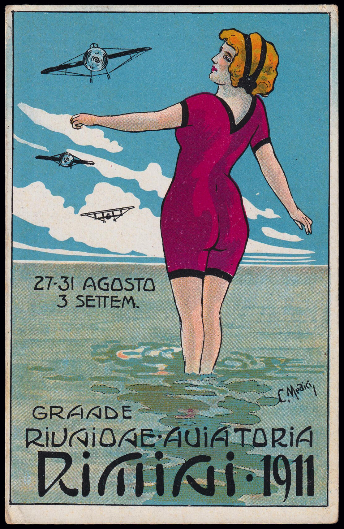 1911 RIMINI RIUNIONE AVIATORIA. Cartolina ufficiale policroma firmata ...