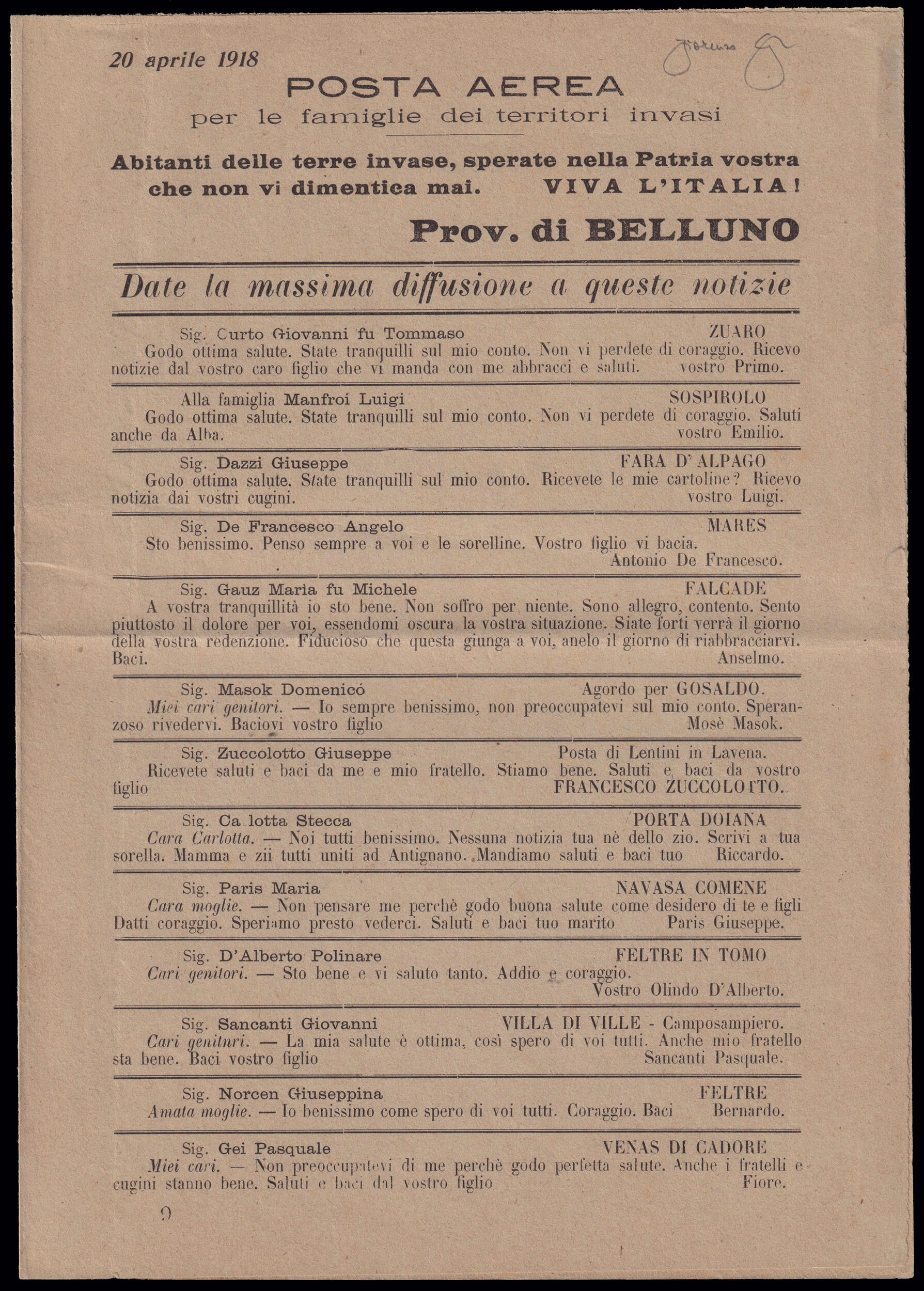 1918 POSTA AEREA PER LE FAMIGLIE DEI TERRITORI INVASI. Prov. di ...