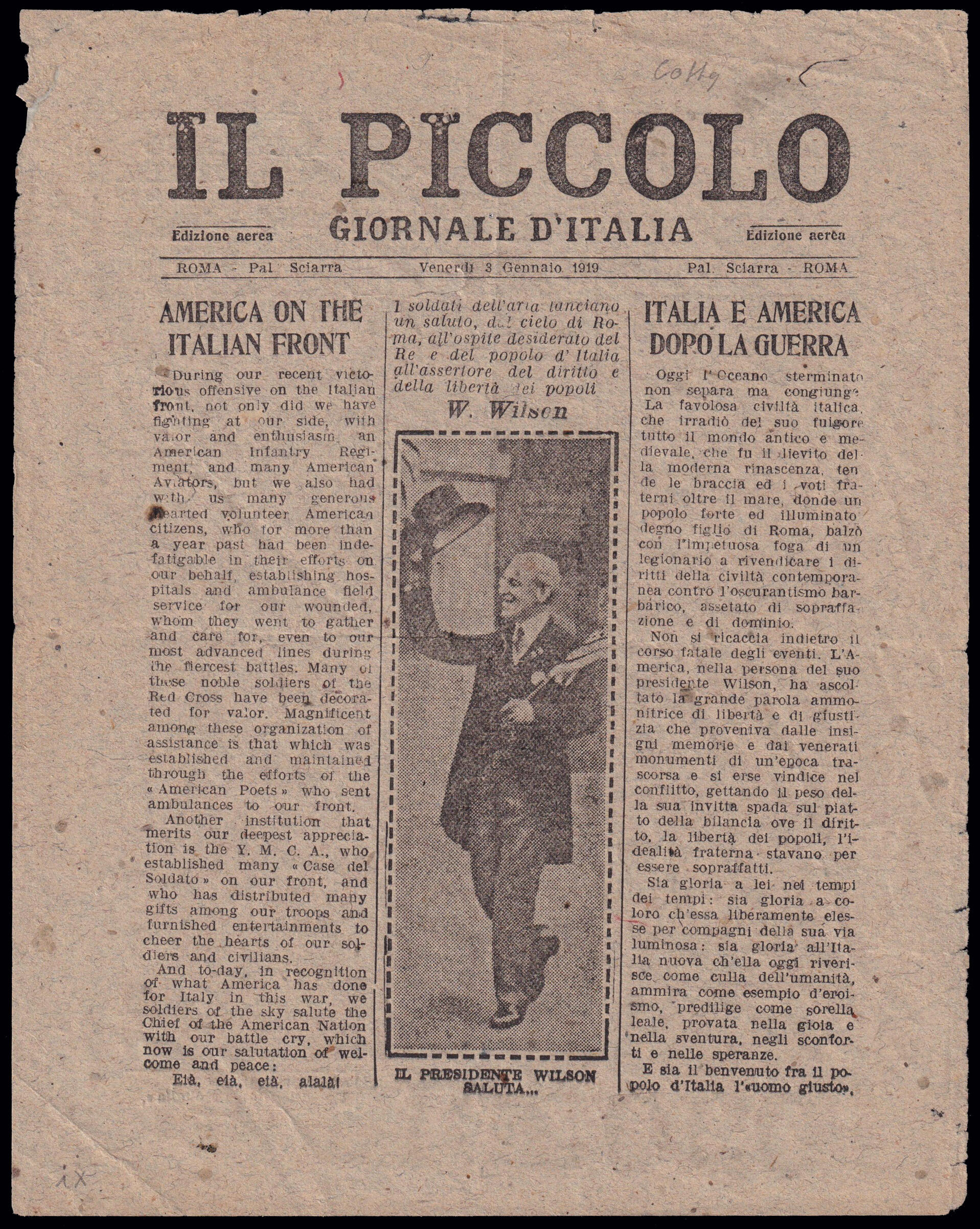 1919 ROMA - LANCIO DEL GIORNALE D'ITALIA. Edizione aerea datata 3 ...