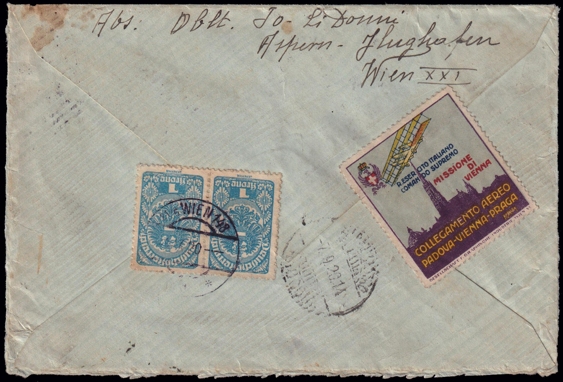1919 VIENNA - PADOVA COLLEGAMENTO POSTALE AEREO. Lotto di una lettera ...