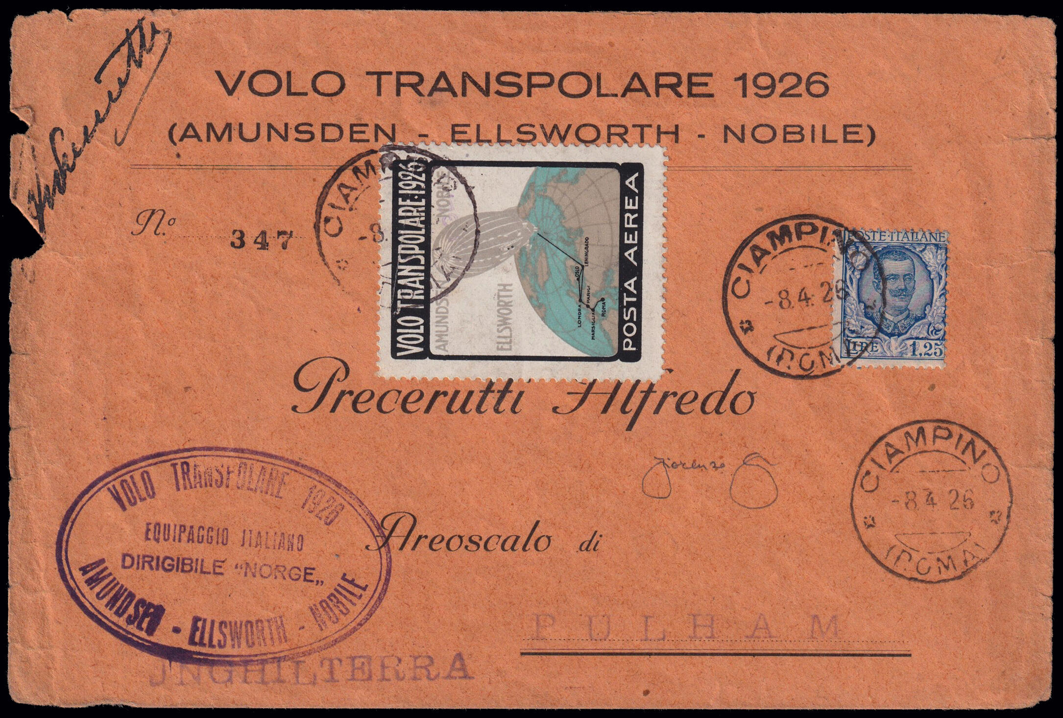 1926 VOLO TRANSPOLARE ROMA - TELLER. Tappa Roma - Pulham ...