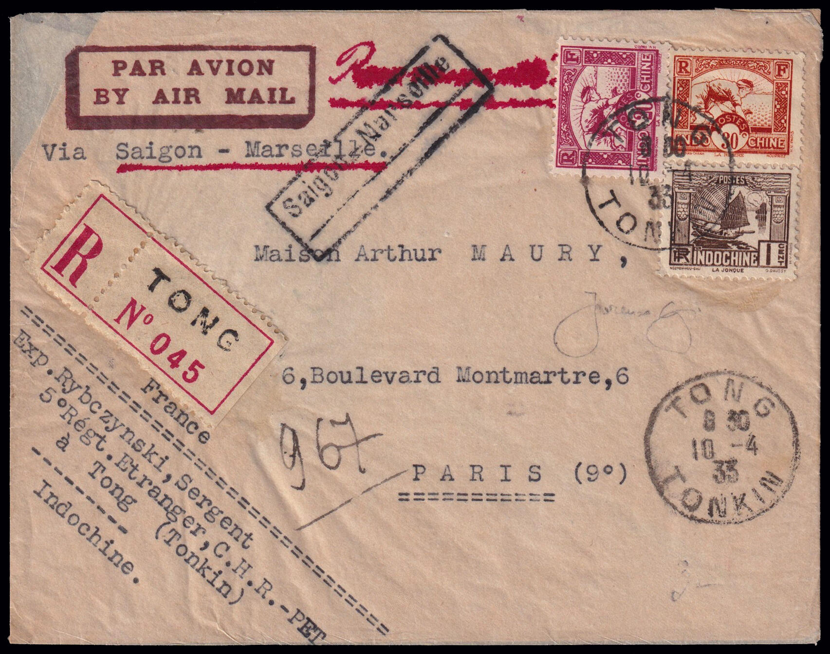 1933 INDOCINA MARSIGLIA / VOLO INTERROTTO. Corriere dall'Indocina. ...