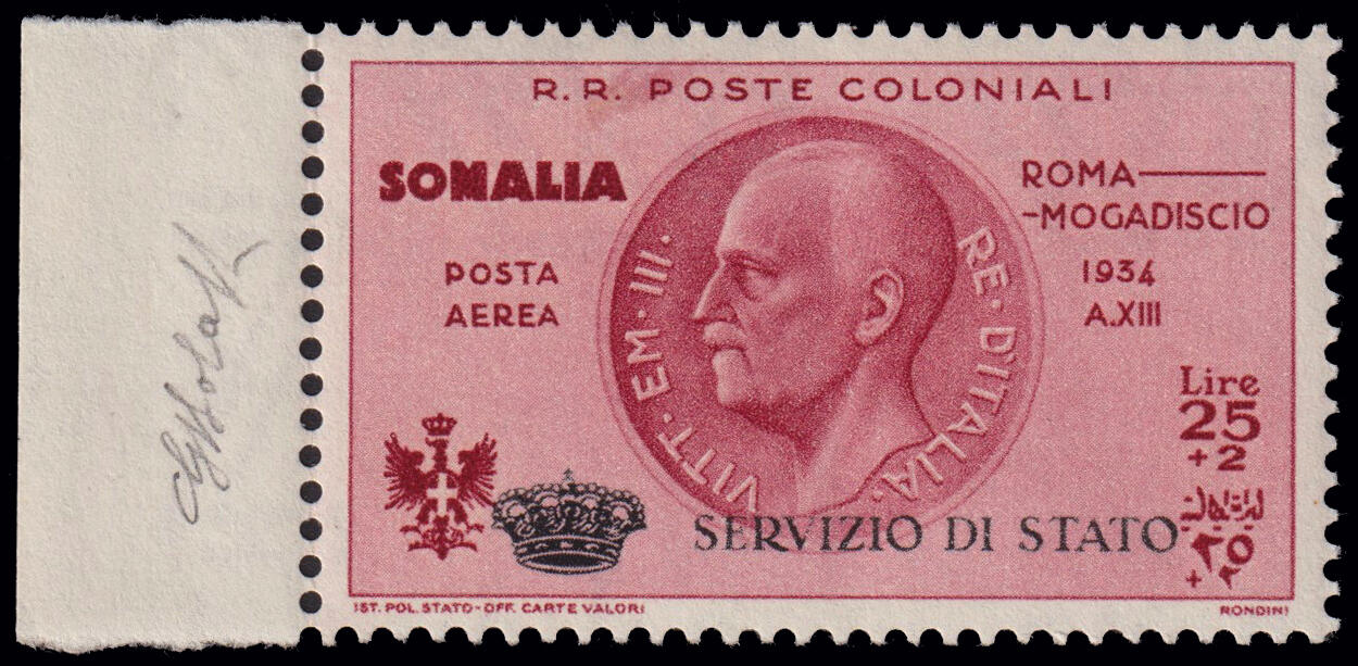 1934 VOLO ROMA - MOGADISCIO. Francobollo di Somalia da 25 lire + 2 ...