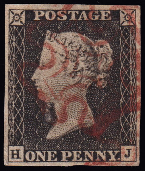 QUEEN VICTORIA 1d.. Plate 1a, letters HJ, used with red Maltese cross ...