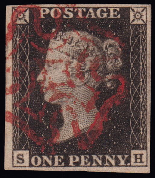 QUEEN VICTORIA 1d.. Plate 1a, letters SH, used with red Maltese cross ...