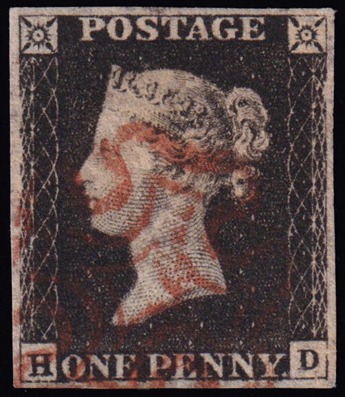 QUEEN VICTORIA 1d.. Plate 4, letters HD, used with red Maltese cross ...