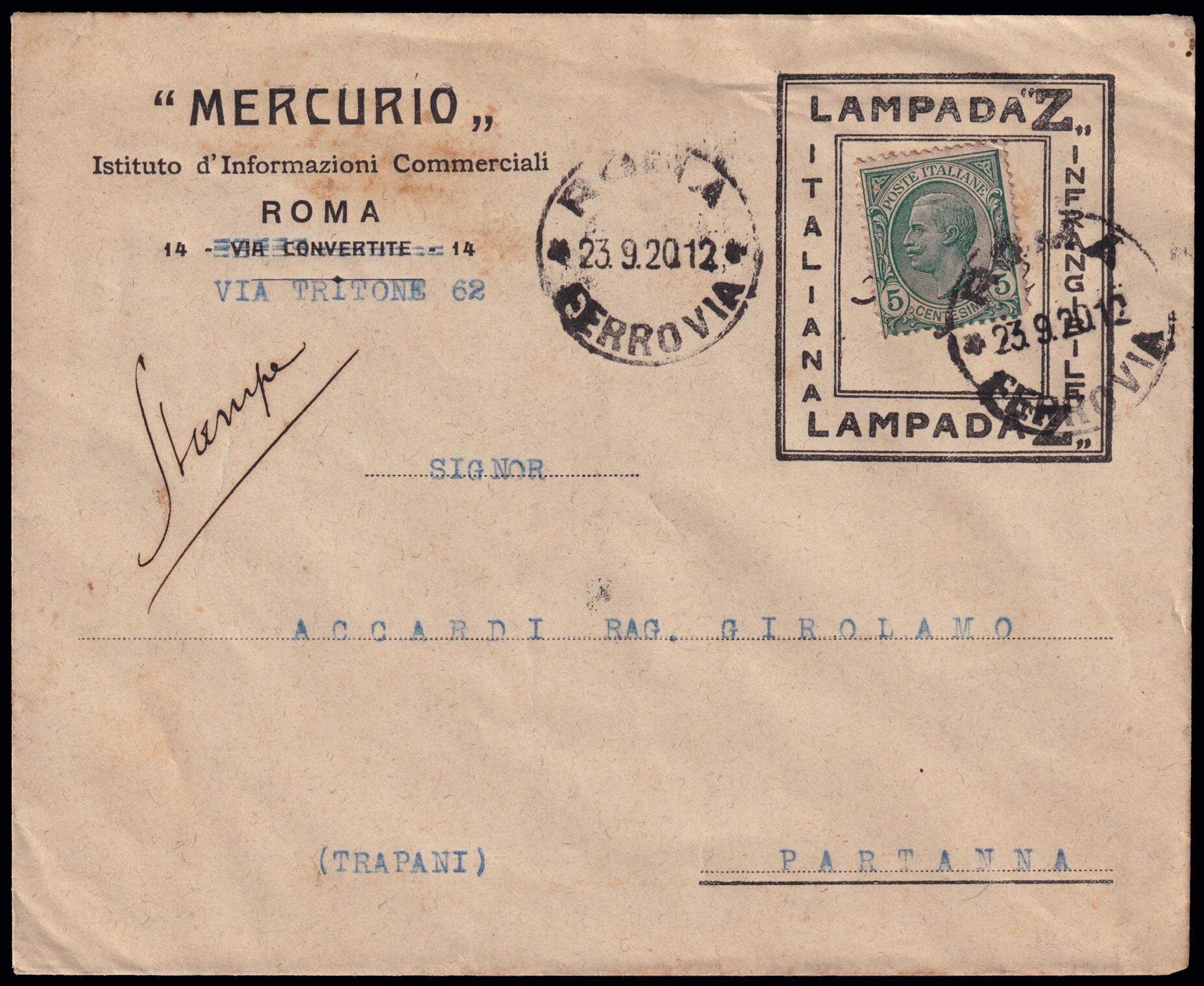 LAMPADA "Z". Busta pubblicitaria affrancata con un 5 centesimi Leoni ...