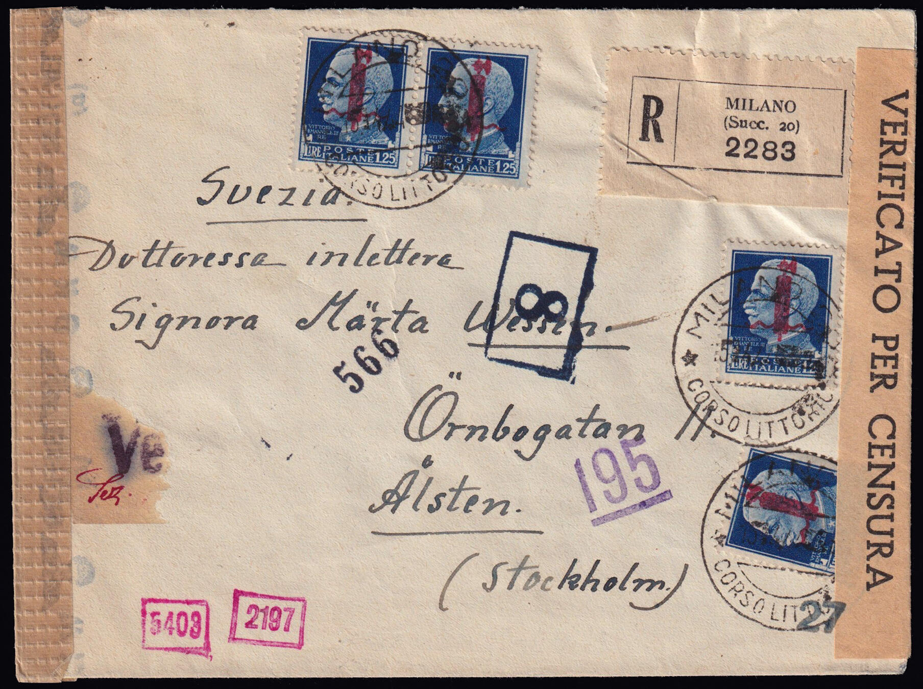 DESTINAZIONE STOCCOLMA. Lettera raccomandata spedita da Milano il 15 ...