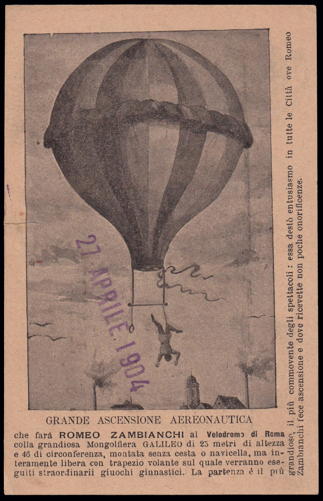 1904 ROMA - ASCENSIONE IN MONGOLFIERA. Cartolina verticale illustrata ...