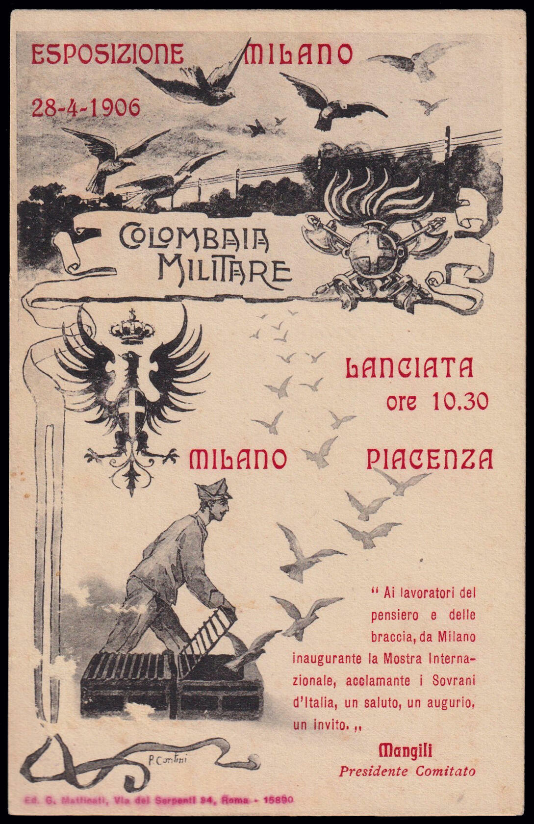 1906 ESPOSIZIONE DI MILANO - COLOMBAIA MILITARE. Cartolina verticale ...