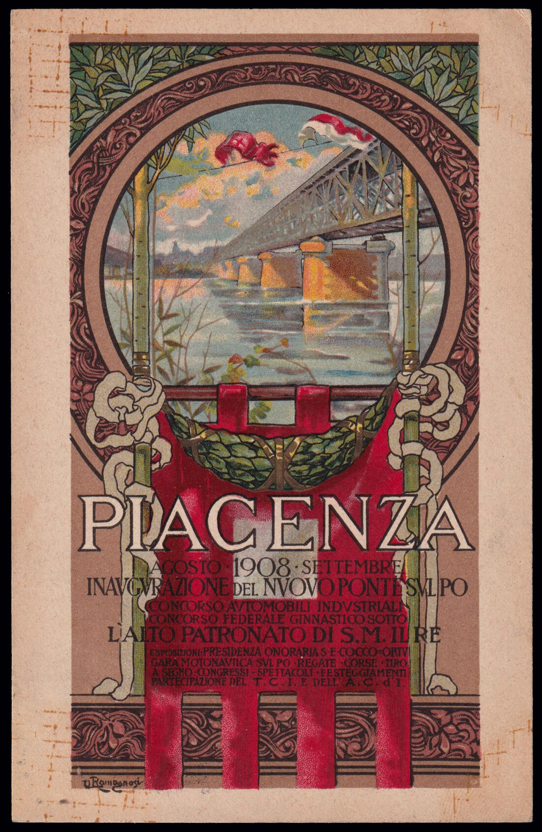 1908 PIACENZA ASCENSIONI AEROSTATICHE. Cartolina policroma verticale ...