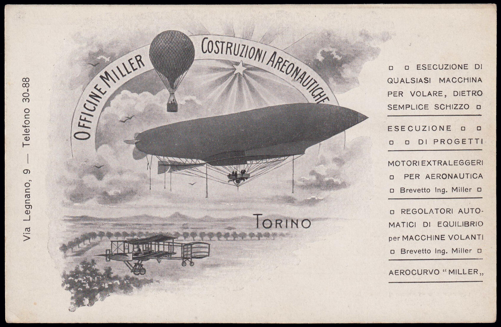 1908 TORINO - PRIMA FABBRICA DI COSTRUZIONI AERONAUTICHE. Cartolina ...