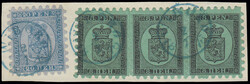 1866/70 - FINLAND - 8 P. COAT OF ARMS BLACK ON GREEN PAPER; 20 P. ...