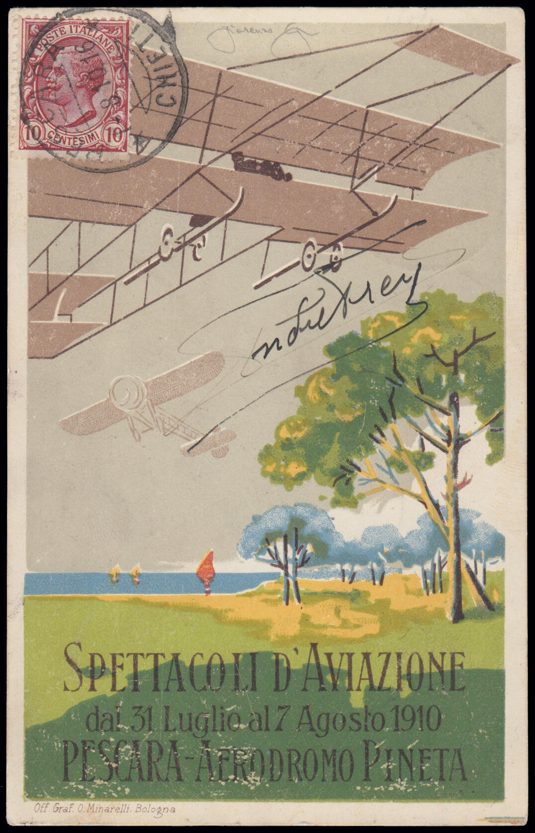 1910 PESCARA / AVIATION SHOWS. Official polychrome postcard (Off. ...