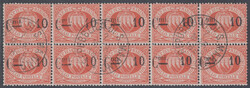 1892 SOPRASTAMPATI. Blocco di 10 esemplari del 10 cent su 20 cent ...