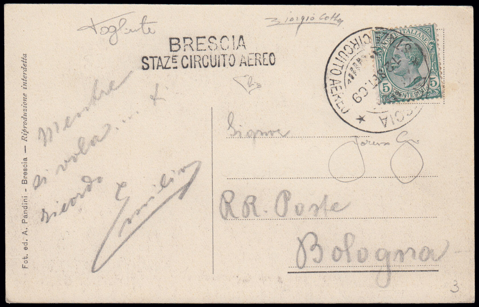 1909 / FIRST INTERNATIONAL AIR CIRCUIT. Postcard sent from Brescia to ...