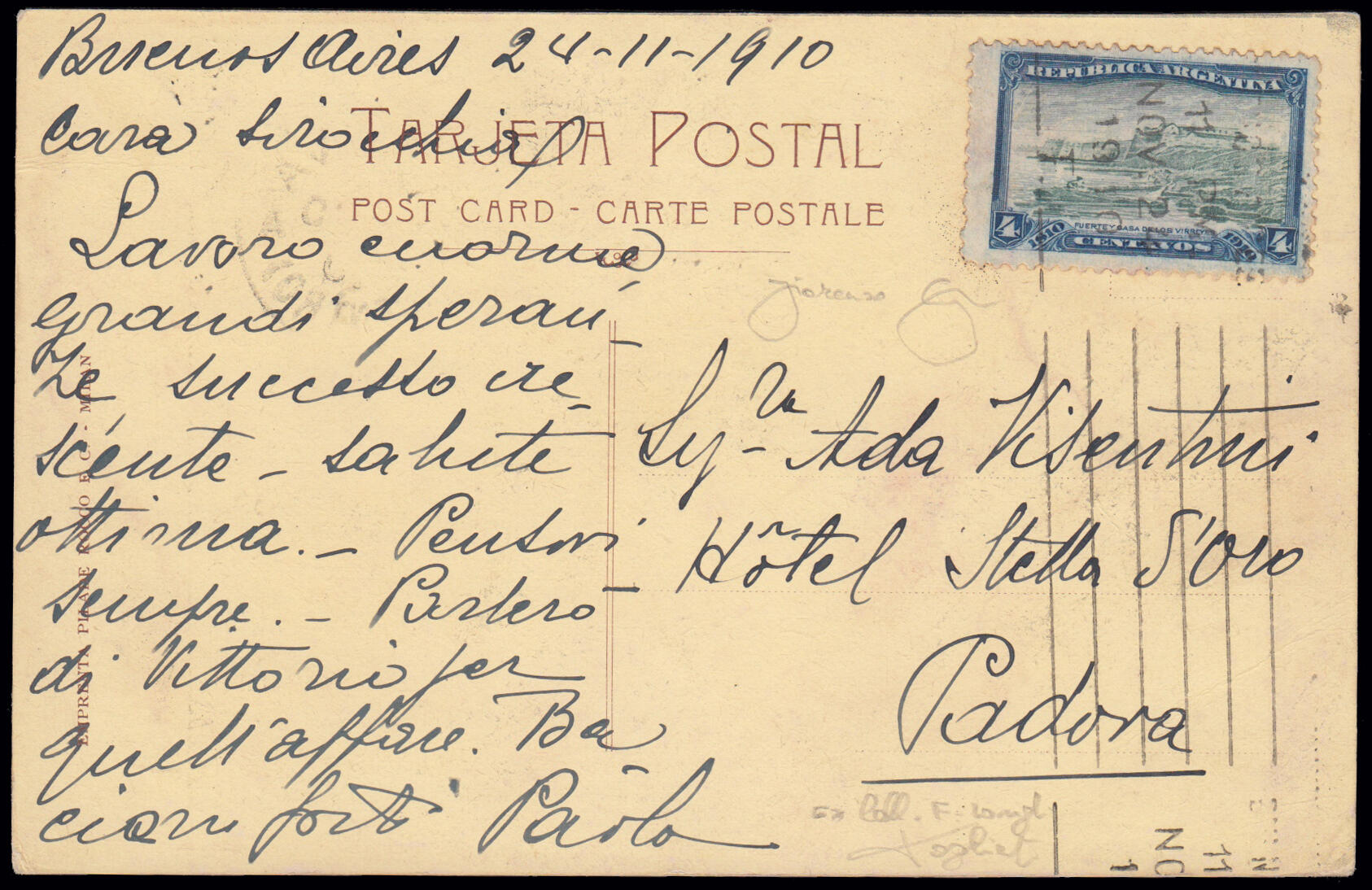 1910 BUENOS AIRES ARGENTINA - CATTANEO. Monochrome postcard, with a ...