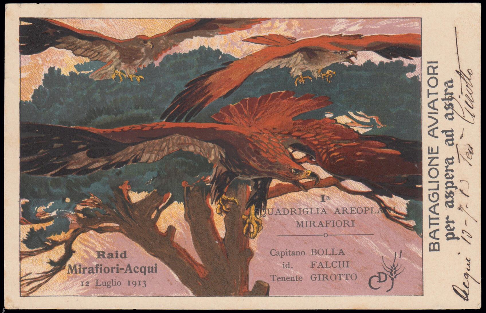 1913 RAID MIRAFIORI - ACQUI / FIRST AIRPLANE SQUADRIGLIA. Postcard of ...