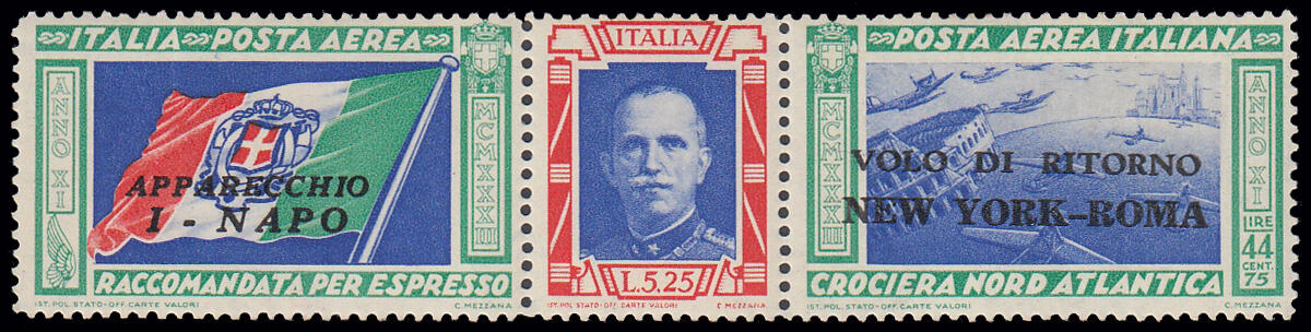 1933 TEN YEAR CRUISE - RETURN FLIGHT. Triptych worth 50 lire with ...