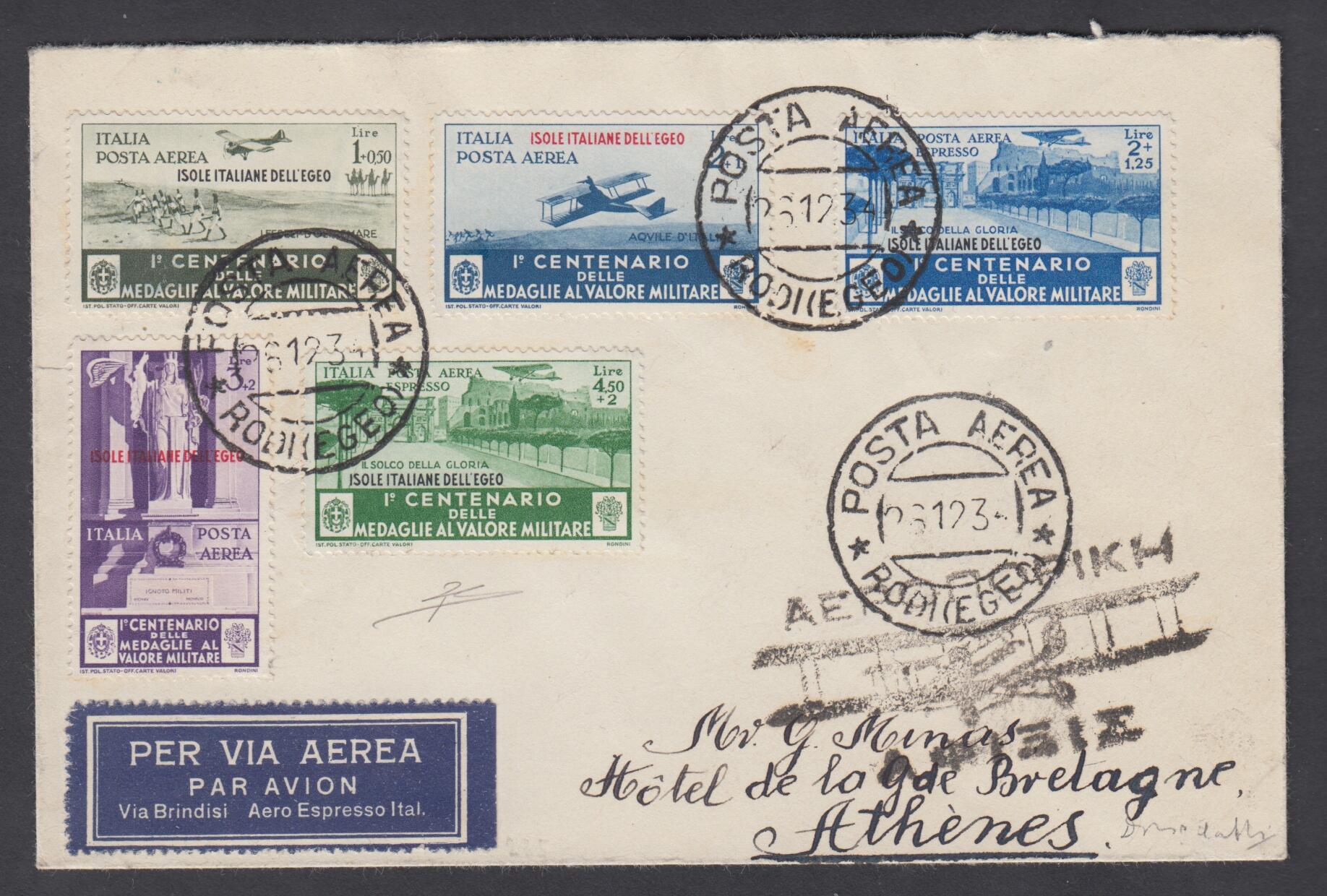 1934 EGEO MEDAGLIE AL VALORE. Aerogramma da Rodi per Atene del 26 ...