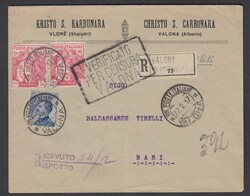 RR POSTE ITALIANE VALONA. Busta raccomandata con 25 cent Michetti + ...