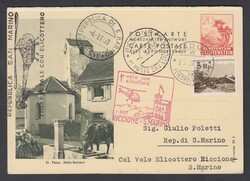 1950 PRIMO VOLO ELICOTTERO RICCIONE SAN MARINO. Intero postale 20 rp ...