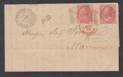 1869 TUNISI. Lettera con 2x40 cent DLR Londra annullati con numerale ...