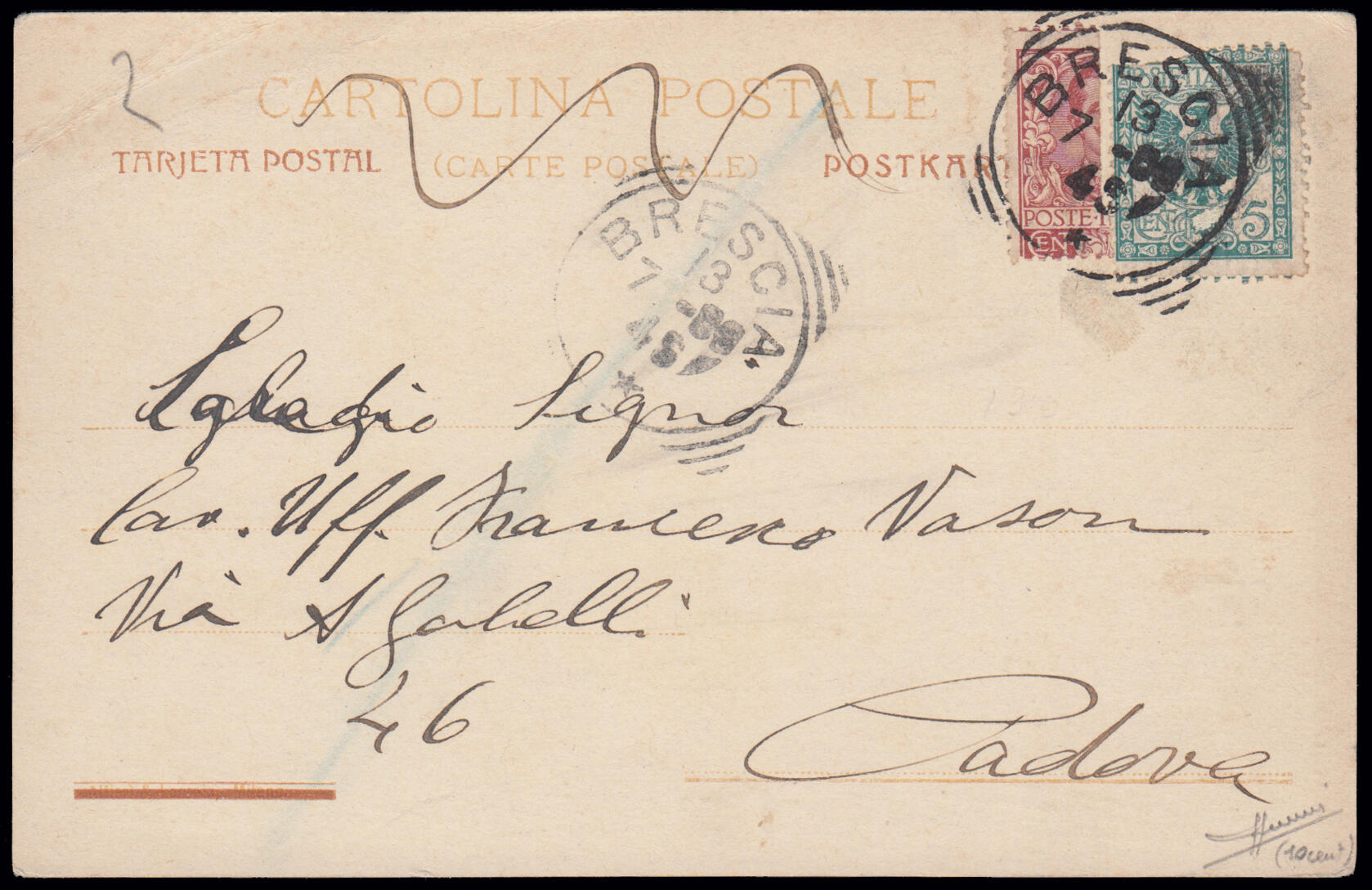 FRAZIONATO FLOREALE. Cartolina da Brescia per Padova del 13.7.1903 ...