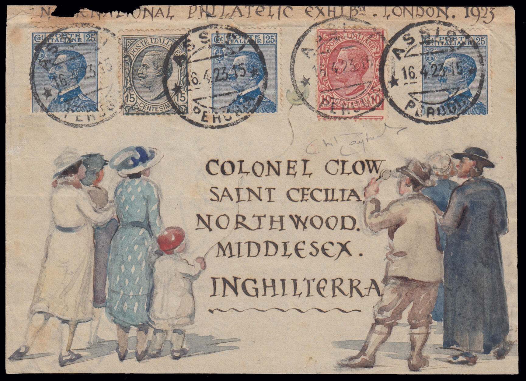 MAIL ART. Frontespizio di busta da Assisi per l'Inghilterra del 16.4 ...