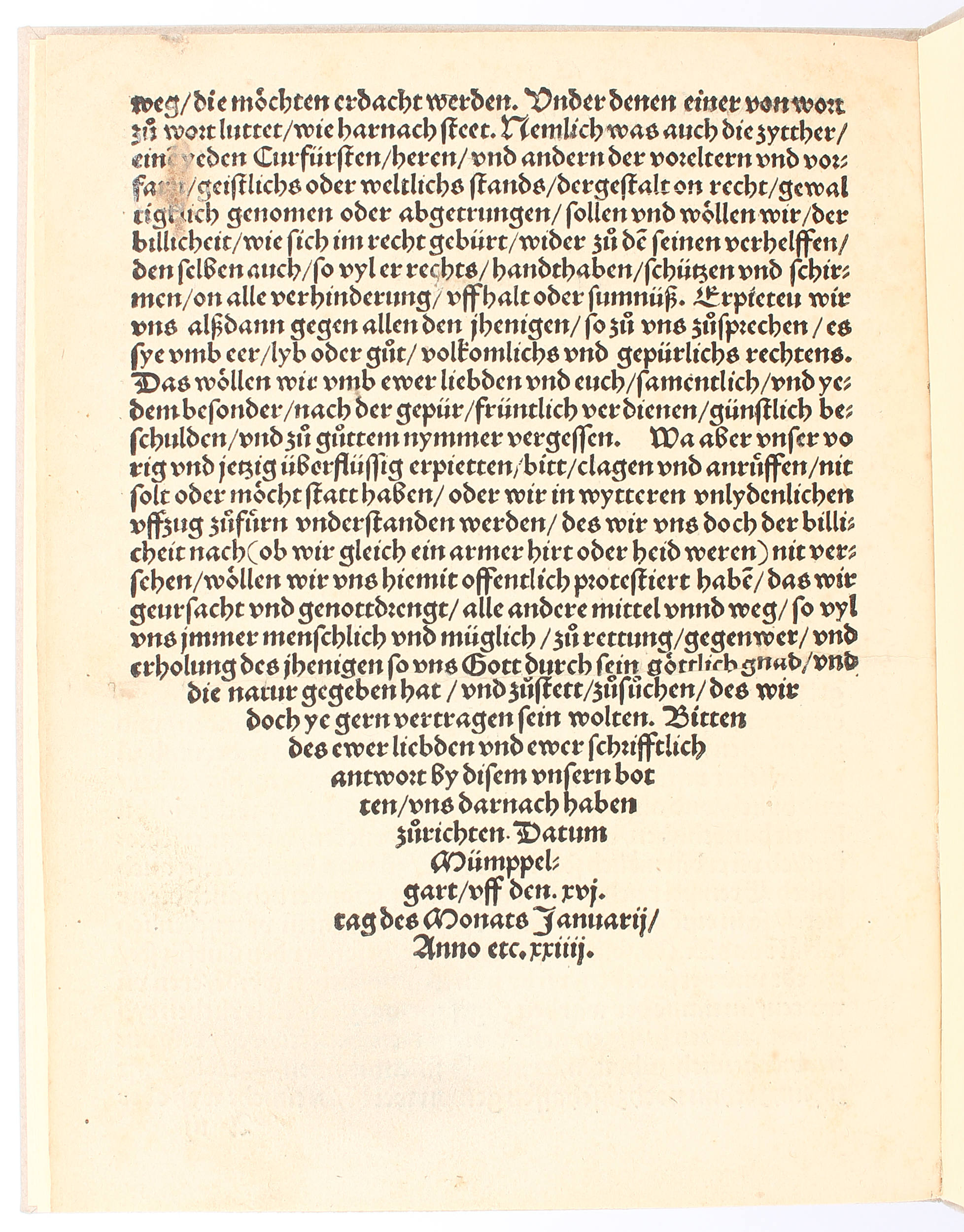 Ulrich von Württemberg, Ein abtruck einer schrifft