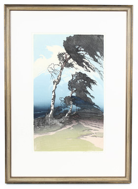 Droege, Birken im Wind. Farbholzschnitt. Ger.