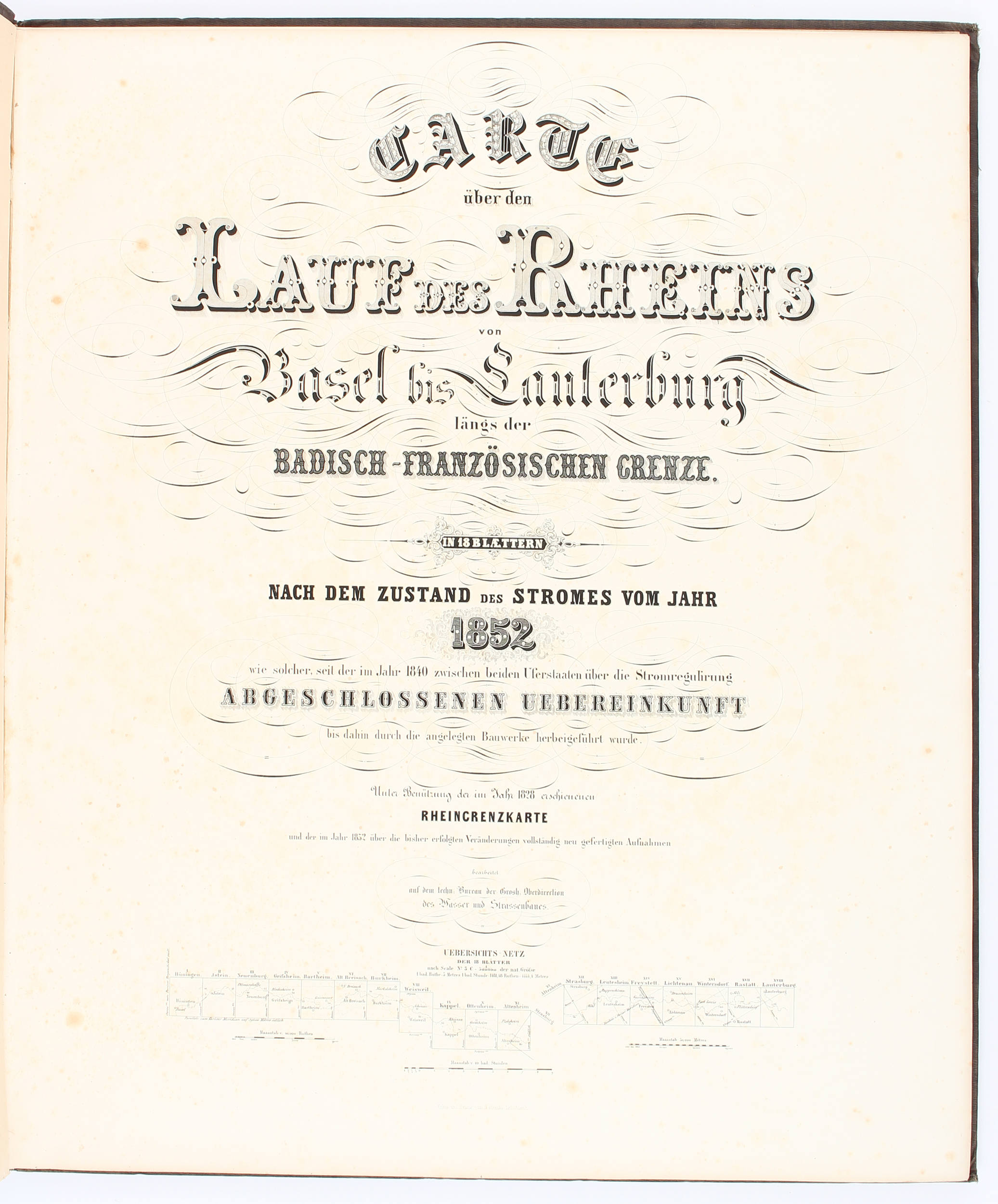 Carte über den Lauf des Rheins. Lwd.