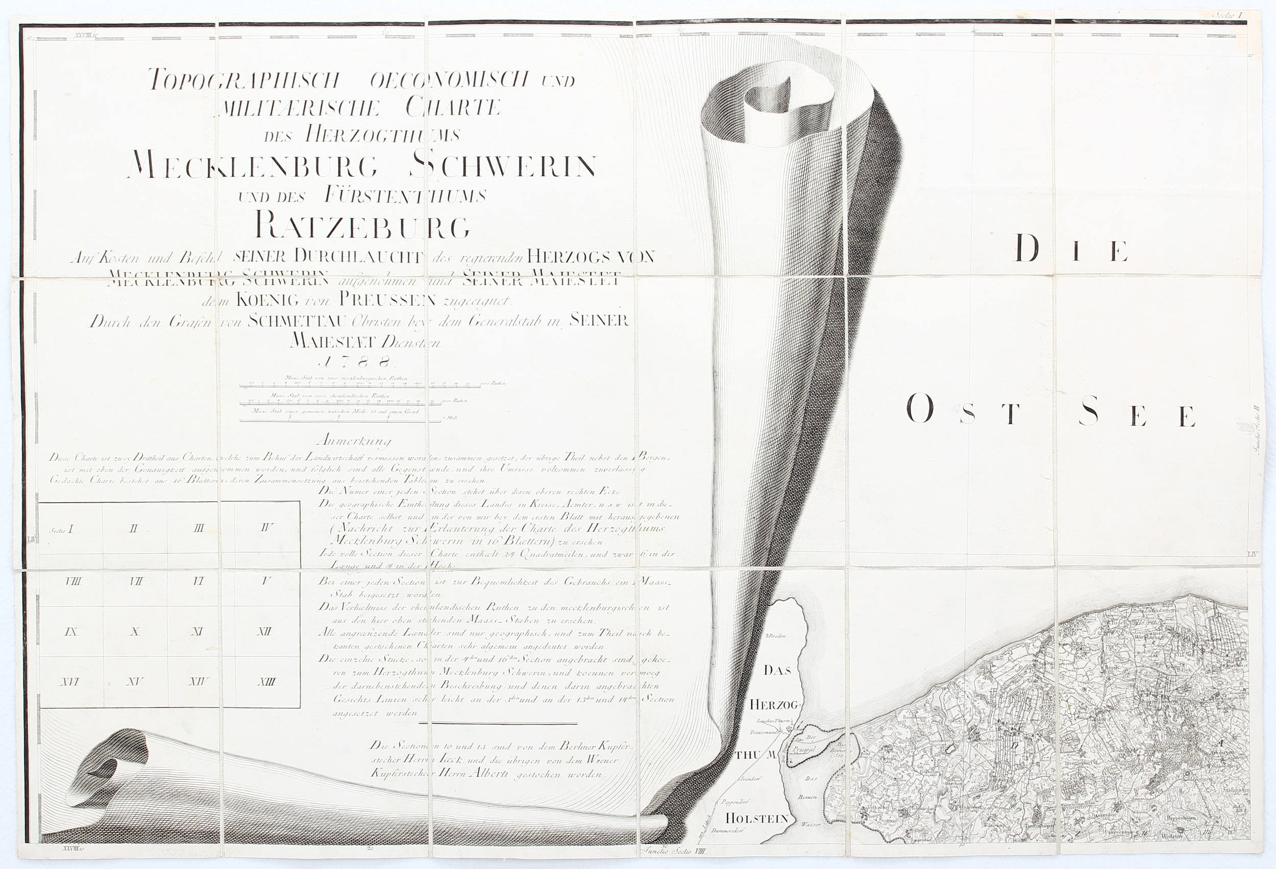 Meckl.-Schwerin. 12 Bll. Schmettau in 3 Lwd.-Schubern