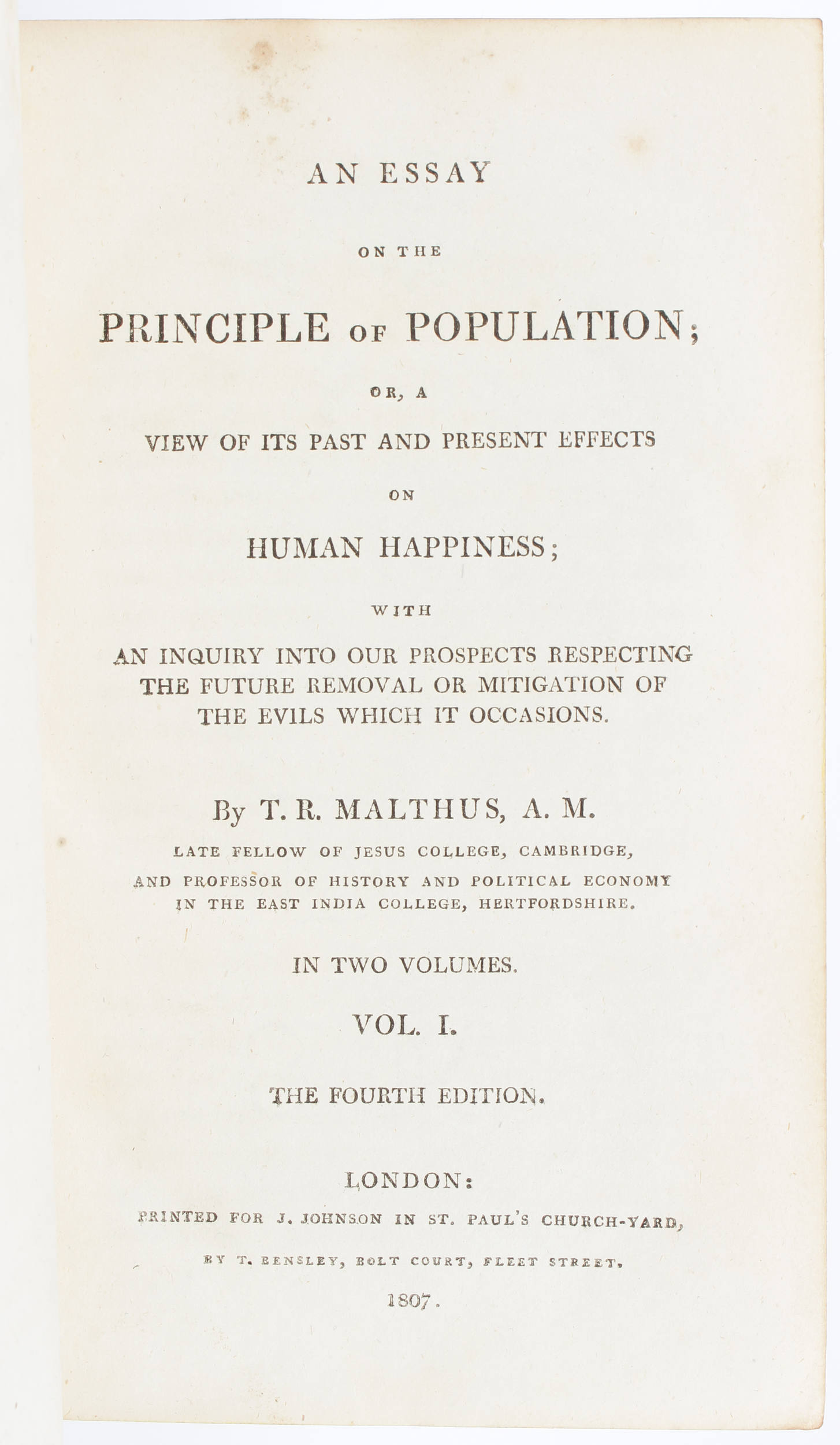 Malthus, Essay on the principle of population. 2 Bde.
