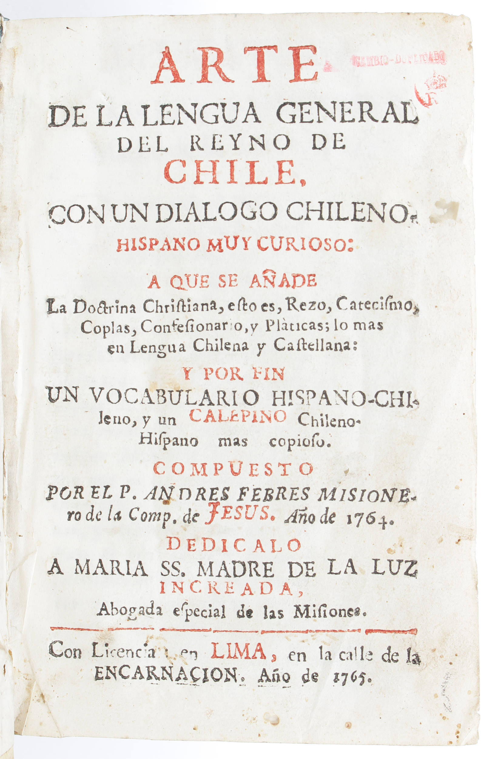 Febres, Arte de la lengua de Chile